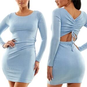 Jump Ruched Back Long Sleeve Bodycon Dress Blue Size XL